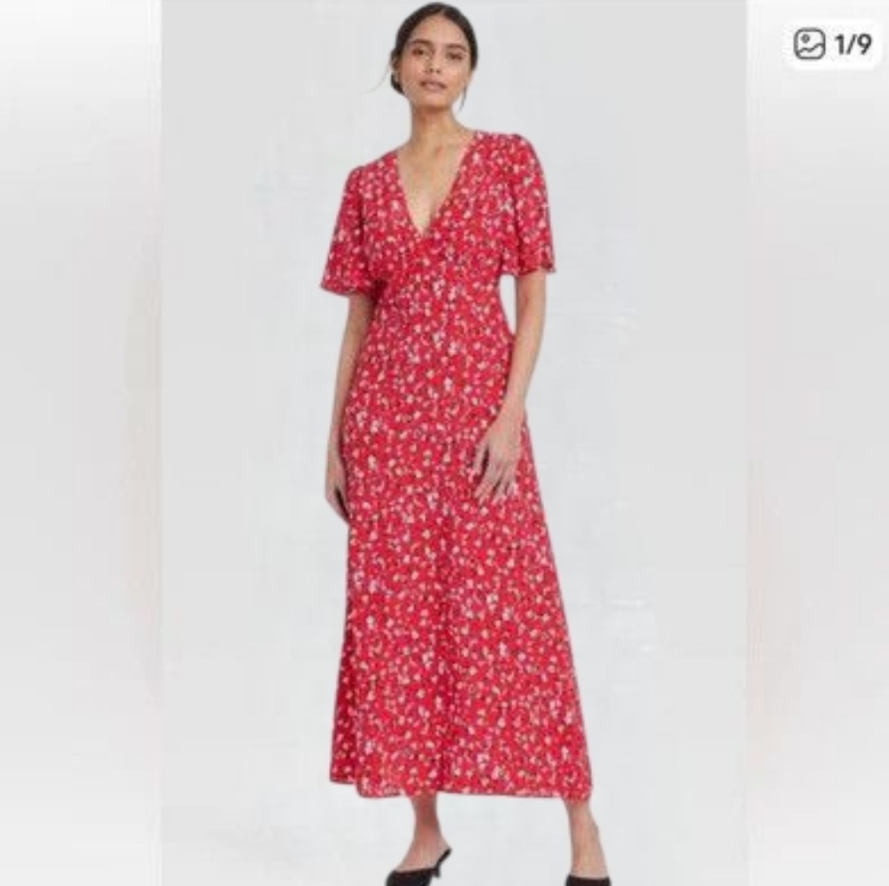 A new day Red Floral Short Sleeve V-neck Maxi Dress Size 0 BNWOT